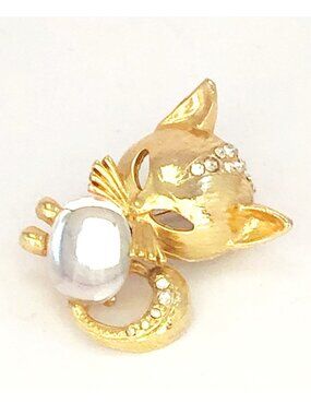 Jelly Belly Gold Tone Cat Kitten with Rhinestones Brooch Pin